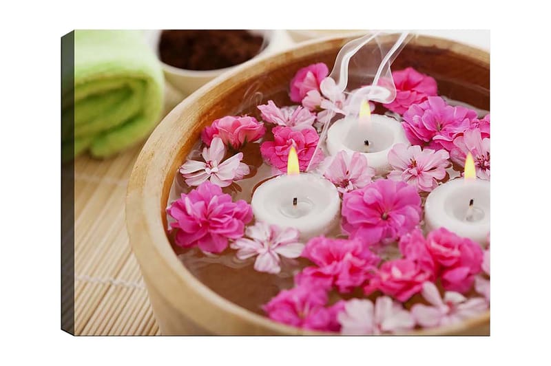 Canvastavla 70x100 cm - Lugn och avkopplande skål med flytande blommor och ljus - Rosa / Vit / Gul - Inredning - Tavlor & konst - Canvastavlor
