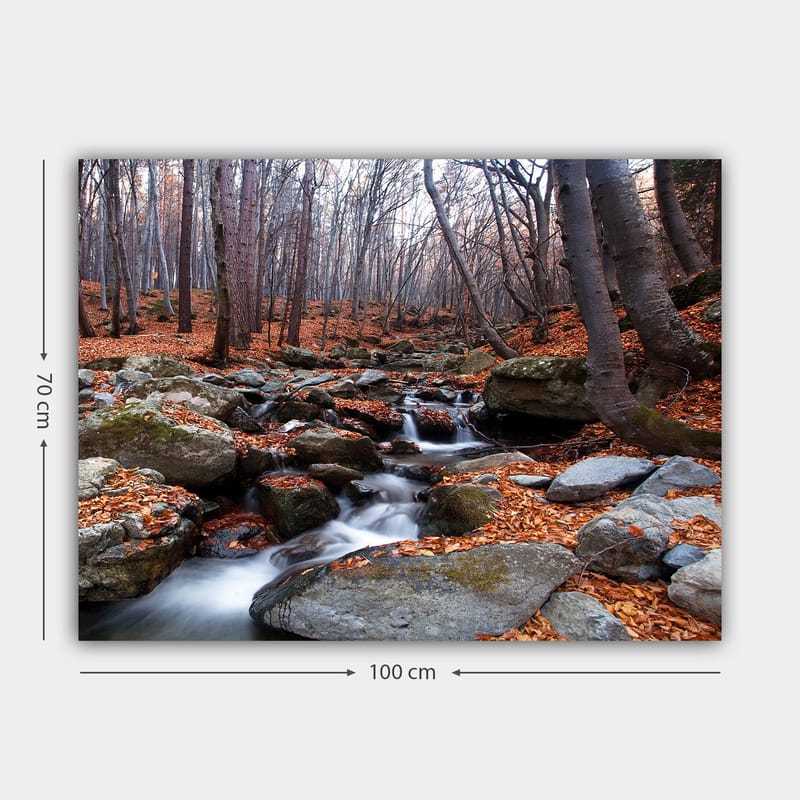 Canvastavla 70x100 cm - Lugn skogsscen med en porlande bäck omgiven av höstfärgade löv och stenar - Grå / Orange / Brun - Inredning - Tavlor & konst - Canvastavlor
