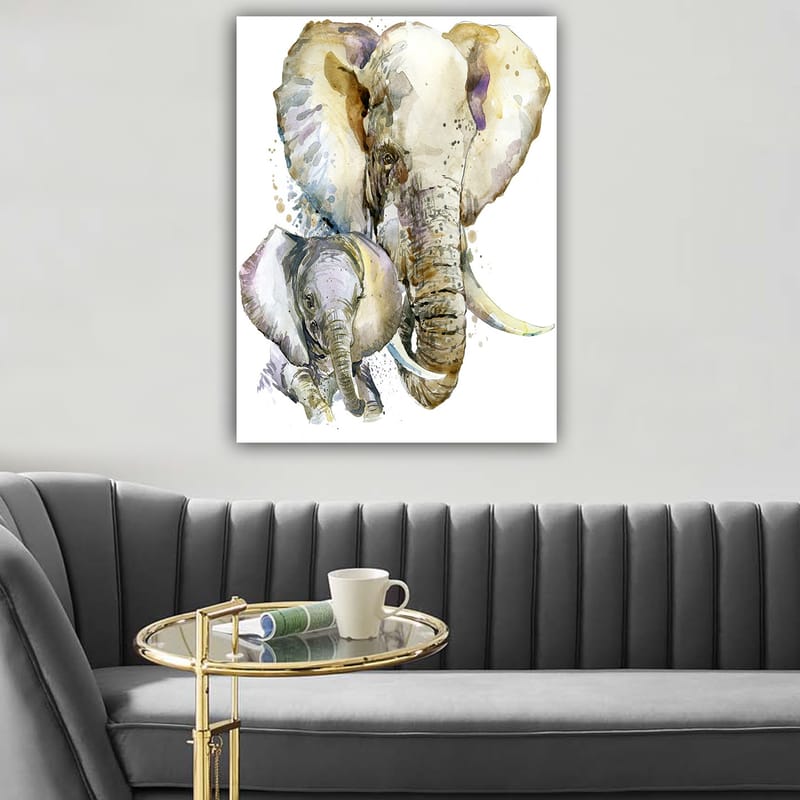 Canvastavla 70x100 cm - Målningen föreställer en stor och en liten elefant i en mjuk och färgstark akvarellstil - Grå / Beige / Lila - Inredning - Tavlor & konst - Canvastavlor
