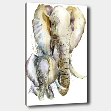 Canvastavla 70x100 cm - Målningen föreställer en stor och en liten elefant i en mjuk och färgstark akvarellstil - Grå / Beige / Lila - Inredning - Tavlor & konst - Canvastavlor