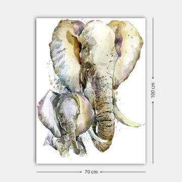 Canvastavla 70x100 cm - Målningen föreställer en stor och en liten elefant i en mjuk och färgstark akvarellstil - Grå / Beige / Lila - Inredning - Tavlor & konst - Canvastavlor