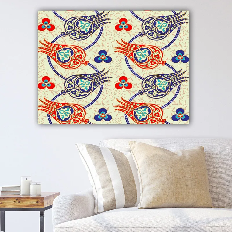 Canvastavla 70x100 cm - Mönster av stiliserade blommor och blad i livliga färger, Röd / Blå / Beige