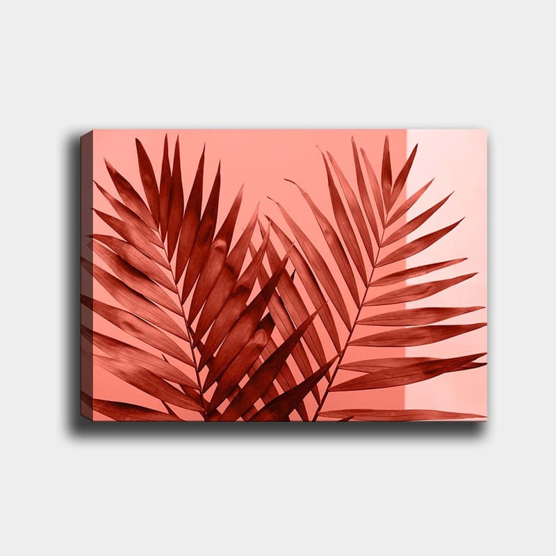 Canvastavla 70x100 cm - Mörka palmblad mot en ljus korallbakgrund, Mörkröd / Korall