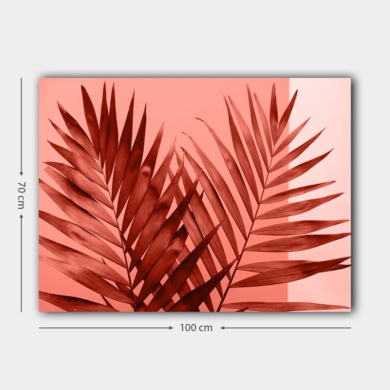Canvastavla 70x100 cm - Mörka palmblad mot en ljus korallbakgrund - Mörkröd / Korall - Inredning - Tavlor & konst - Canvastavlor