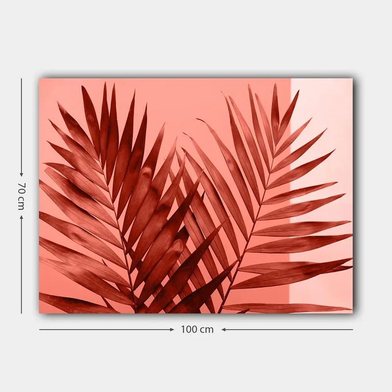Canvastavla 70x100 cm - Mörka palmblad mot en ljus korallbakgrund - Mörkröd / Korall - Inredning - Tavlor & konst - Canvastavlor