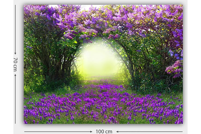 Canvastavla 70x100 cm - Magisk trädgård med lila blommor som leder in i en ljus tunnel av grönska - Lila / Grön / Gul - Inredning - Tavlor & konst - Canvastavlor