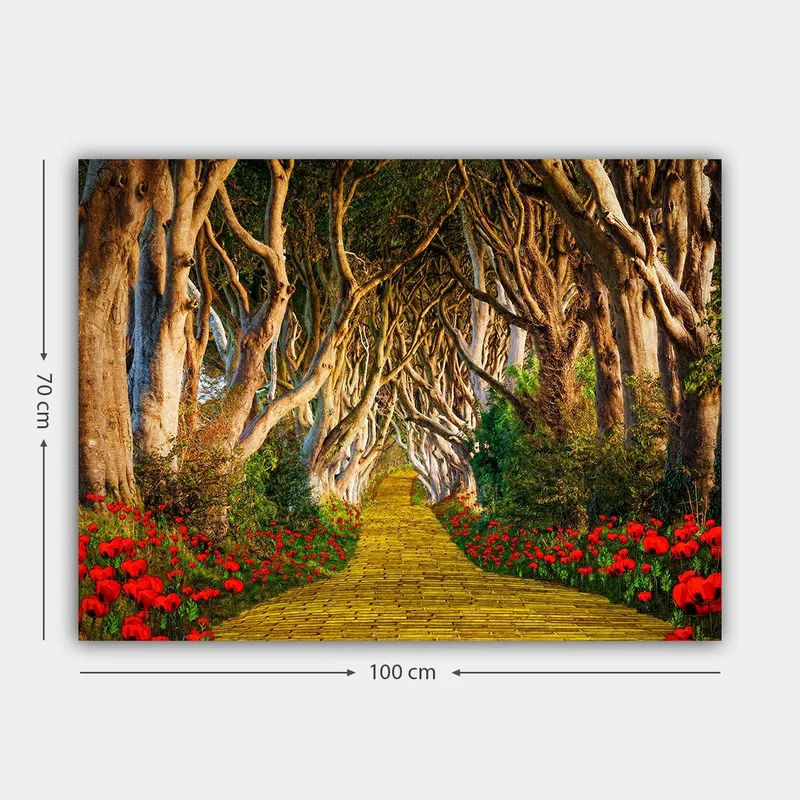 Canvastavla 70x100 cm - Magisk väg kantad av blommor som leder genom en tunnel av träd - Gult / Grönt / Rött - Inredning - Tavlor & konst - Canvastavlor