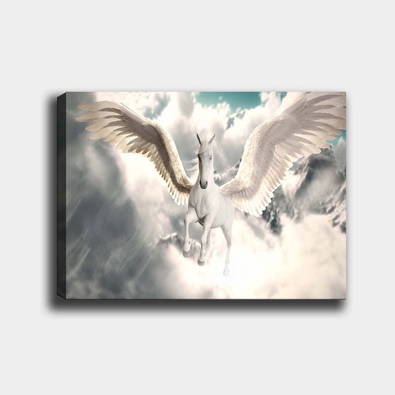 Canvastavla 70x100 cm - Majestätisk bevingad enhörning som svävar genom molnen, Vit / Ljusblå / Grå