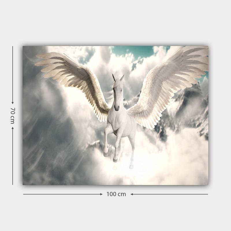Canvastavla 70x100 cm - Majestätisk bevingad enhörning som svävar genom molnen - Vit / Ljusblå / Grå - Inredning - Tavlor & konst - Canvastavlor