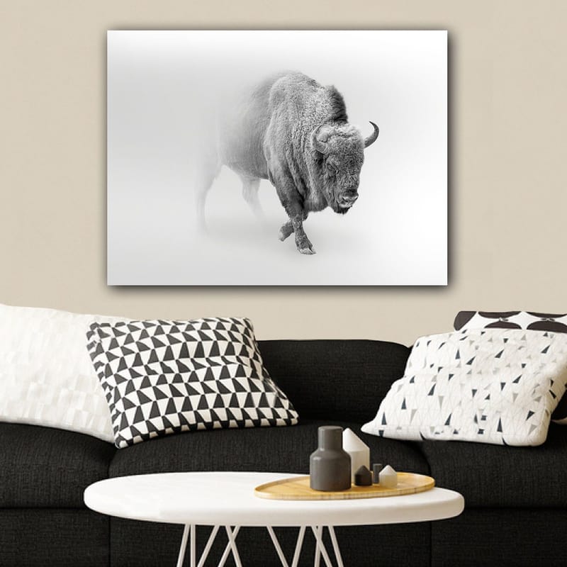 Canvastavla 70x100 cm - Majestätisk bison som går genom dimma - Grå / Vit - Inredning - Tavlor & konst - Canvastavlor