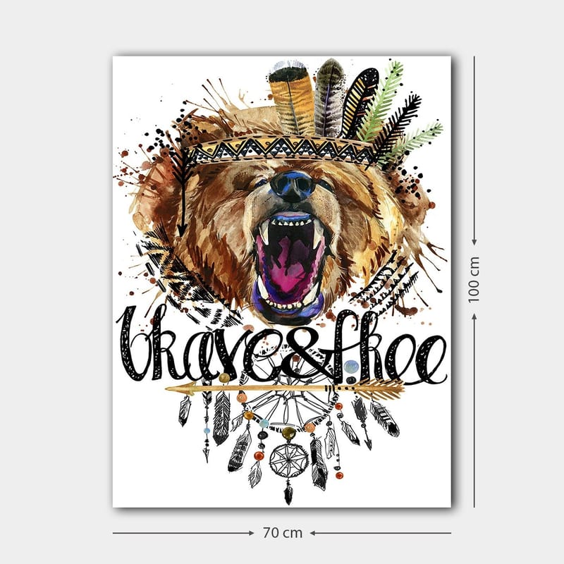 Canvastavla 70x100 cm - Majestätisk björnhuvud med en färgglad fjäderkrans och dekorativa detaljer - Brun / Svart / Orange - Inredning - Tavlor & konst - Canvastavlor