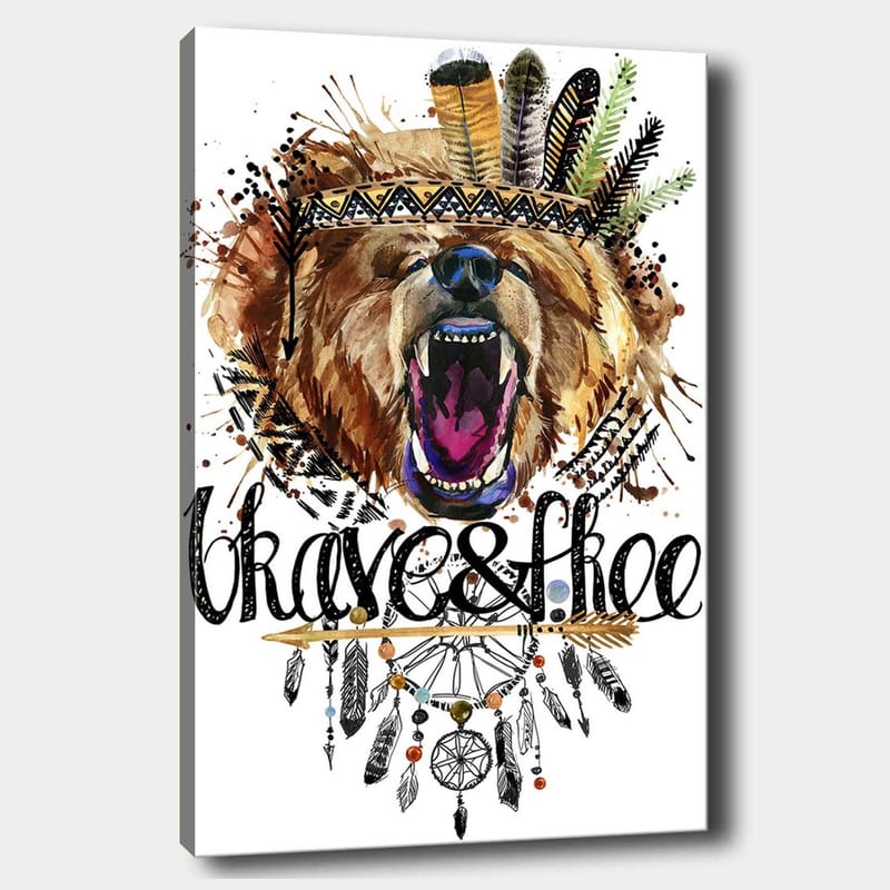 Canvastavla 70x100 cm - Majestätisk björnhuvud med en färgglad fjäderkrans och dekorativa detaljer - Brun / Svart / Orange - Inredning - Tavlor & konst - Canvastavlor