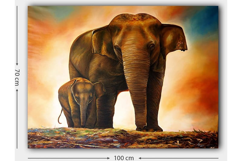 Canvastavla 70x100 cm - Majestätisk elefant med sitt kalv i en varm och färgrik miljö - Brun / Orange / Beige - Inredning - Tavlor & konst - Canvastavlor
