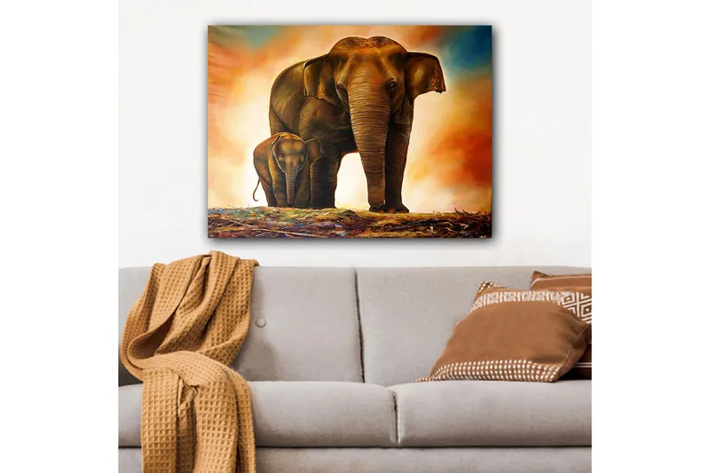 Canvastavla 70x100 cm - Majestätisk elefant med sitt kalv i en varm och färgrik miljö - Brun / Orange / Beige - Inredning - Tavlor & konst - Canvastavlor