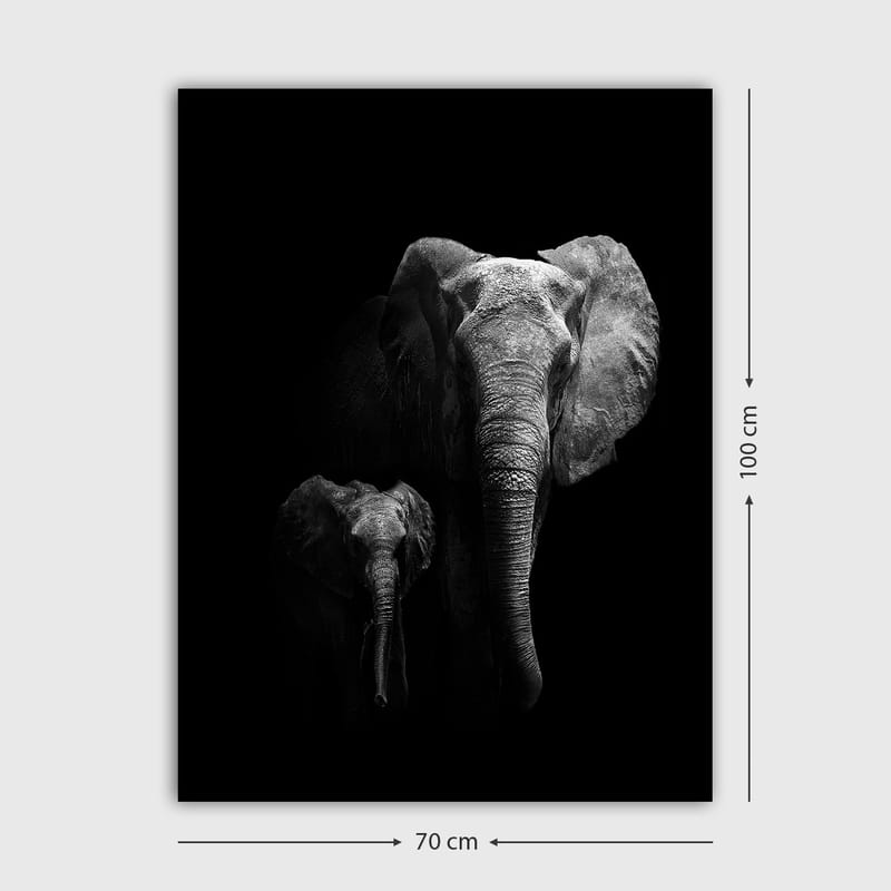 Canvastavla 70x100 cm - Majestätisk elefant och en kalv som framhäver deras relation i en dramatisk svartvit komposition - Svart / Grå - Inredning - Tavlor & konst - Canvastavlor