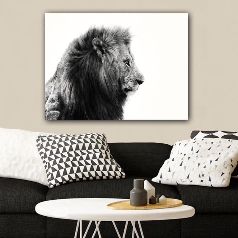 Canvastavla 70x100 cm - Majestätisk lejonprofil i svartvitt som utstrålar styrka och elegans - Svart / Vit - Inredning - Tavlor & konst - Canvastavlor