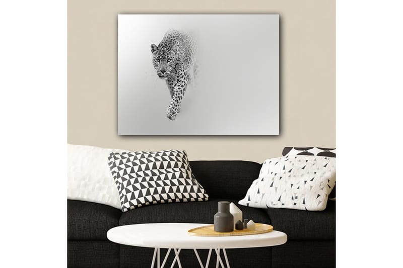 Canvastavla 70x100 cm - Majestätisk leopard som rör sig framåt i en stilren och minimalistisk komposition - Svart / Grå - Inredning - Tavlor & konst - Canvastavlor