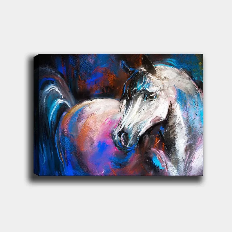 Canvastavla 70x100 cm - Majestätisk vit häst med färgglada detaljer i bakgrunden, Vit / Blå / Rosa