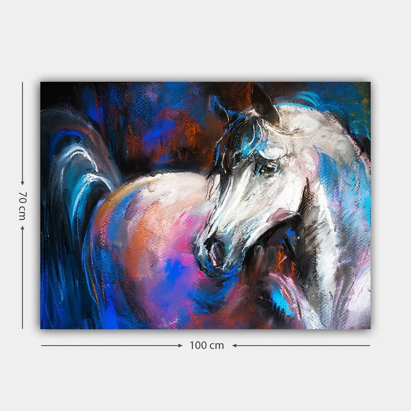Canvastavla 70x100 cm - Majestätisk vit häst med färgglada detaljer i bakgrunden - Vit / Blå / Rosa - Inredning - Tavlor & konst - Canvastavlor