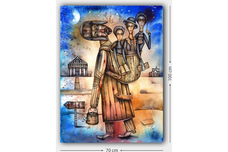 Canvastavla 70x100 cm - Man bär en kvinna och ett barn på ryggen, omgiven av en landskapsmiljö med hus och en skylt - Blå / Brun / Beige - Inredning - Tavlor & konst - Canvastavlor