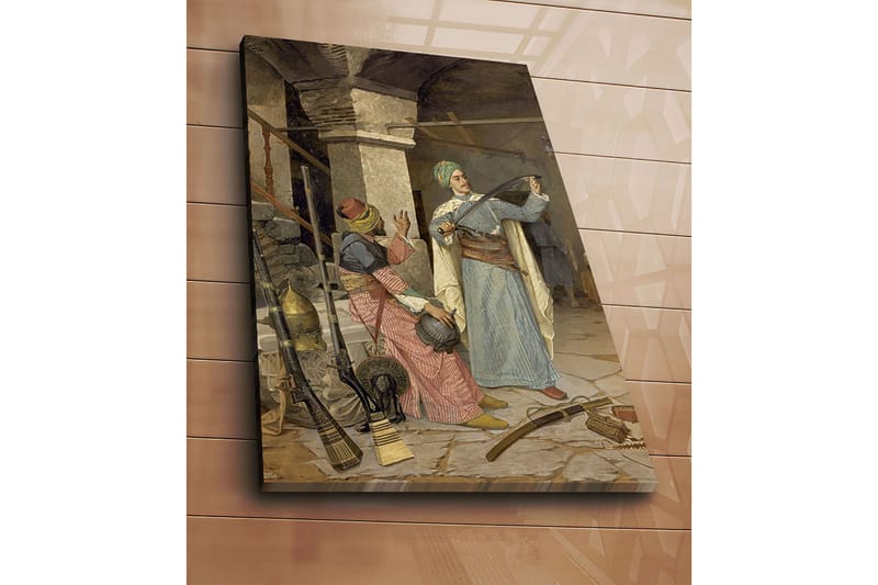 Canvastavla 70x100 cm - Man i traditionell klädsel visar upp ett svärd medan en kvinna i färgglada kläder ser på med intresse - Blå / Röd / Grön - Inredning - Tavlor & konst - Canvastavlor