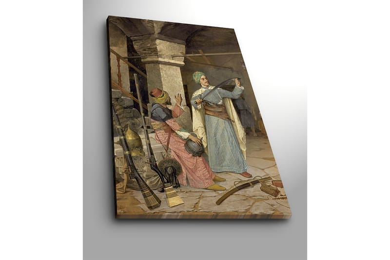 Canvastavla 70x100 cm - Man i traditionell klädsel visar upp ett svärd medan en kvinna i färgglada kläder ser på med intresse - Blå / Röd / Grön - Inredning - Tavlor & konst - Canvastavlor