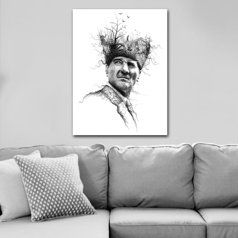 Canvastavla 70x100 cm - Man med en kreativ och surrealistisk frisyr som föreställer träd och en byggnad - Svart / Vitt - Inredning - Tavlor & konst - Canvastavlor