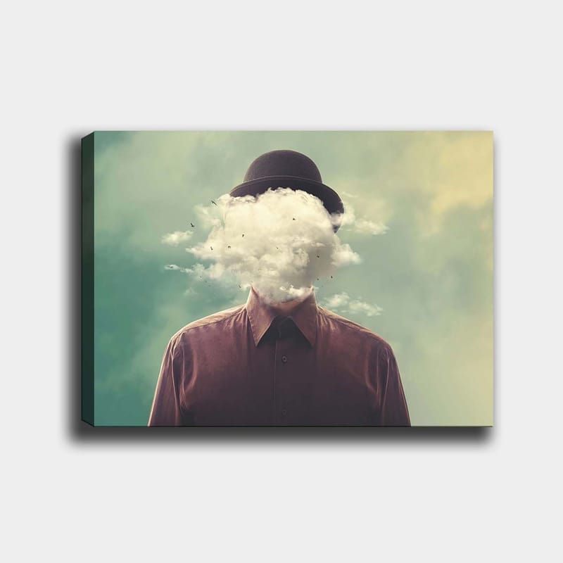 Canvastavla 70x100 cm - Man med hatt vars ansikte är dolt av en molnformation, Mörkbrun / Ljusgrå / Grön