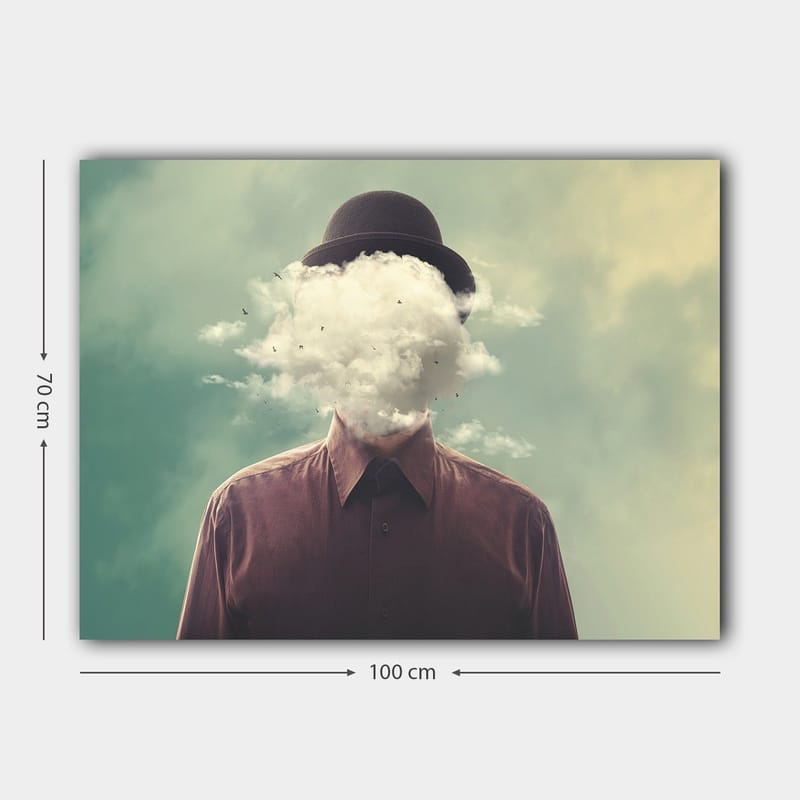 Canvastavla 70x100 cm - Man med hatt vars ansikte är dolt av en molnformation - Mörkbrun / Ljusgrå / Grön - Inredning - Tavlor & konst - Canvastavlor