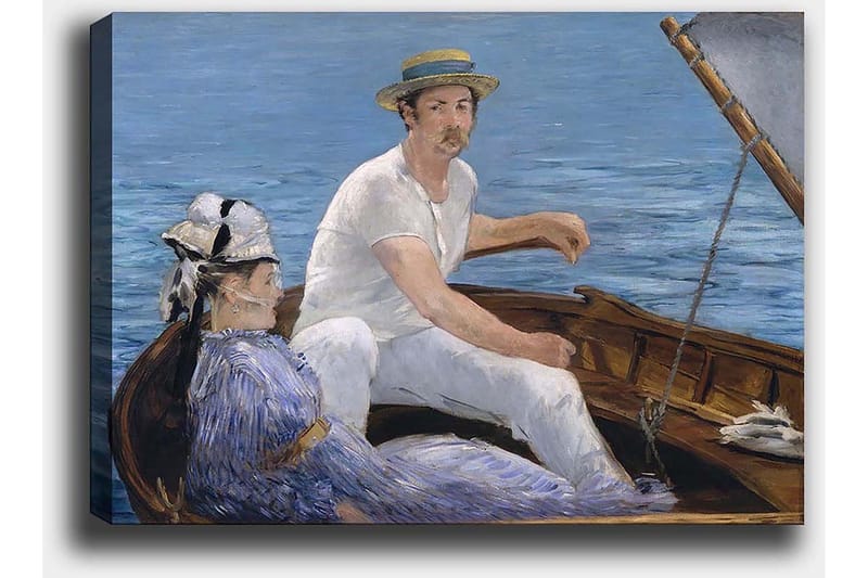 Canvastavla 70x100 cm - Man och en kvinna sitter i en båt på vattnet, omgivna av en lugn och harmonisk atmosfär - Blå / Vit / Brun - Inredning - Tavlor & konst - Canvastavlor