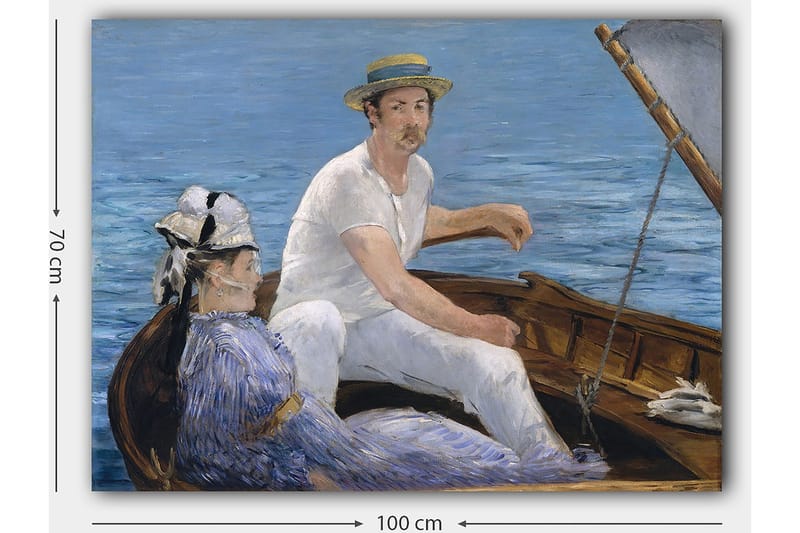 Canvastavla 70x100 cm - Man och en kvinna sitter i en båt på vattnet, omgivna av en lugn och harmonisk atmosfär - Blå / Vit / Brun - Inredning - Tavlor & konst - Canvastavlor