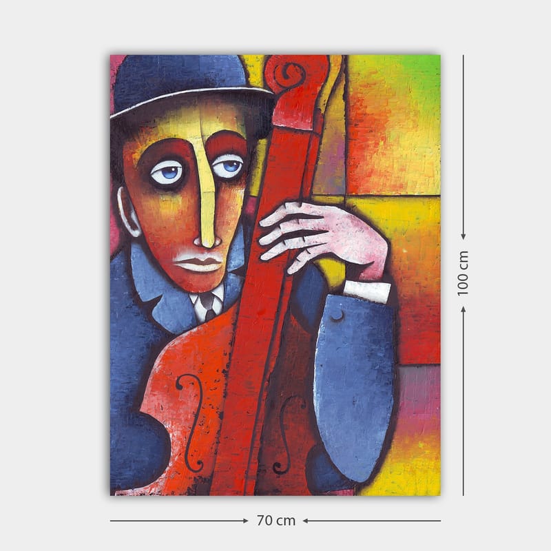 Canvastavla 70x100 cm - Man som spelar ett rödaktigt instrument med en melankolisk uttryck - Röd / Blå / Gul - Inredning - Tavlor & konst - Canvastavlor