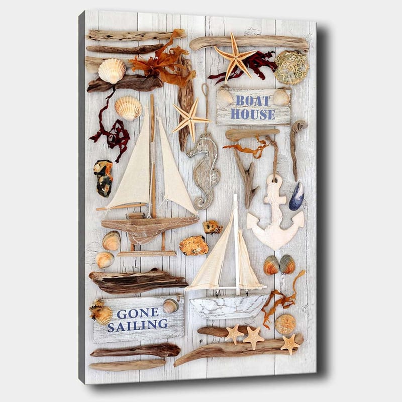 Canvastavla 70x100 cm - Maritim komposition med segelbåtar, snäckor och sjöstjärnor som skapar en somrig atmosfär, Beige / Brunt / Blått
