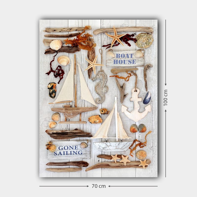Canvastavla 70x100 cm - Maritim komposition med segelbåtar, snäckor och sjöstjärnor som skapar en somrig atmosfär - Beige / Brunt / Blått - Inredning - Tavlor & konst - Canvastavlor