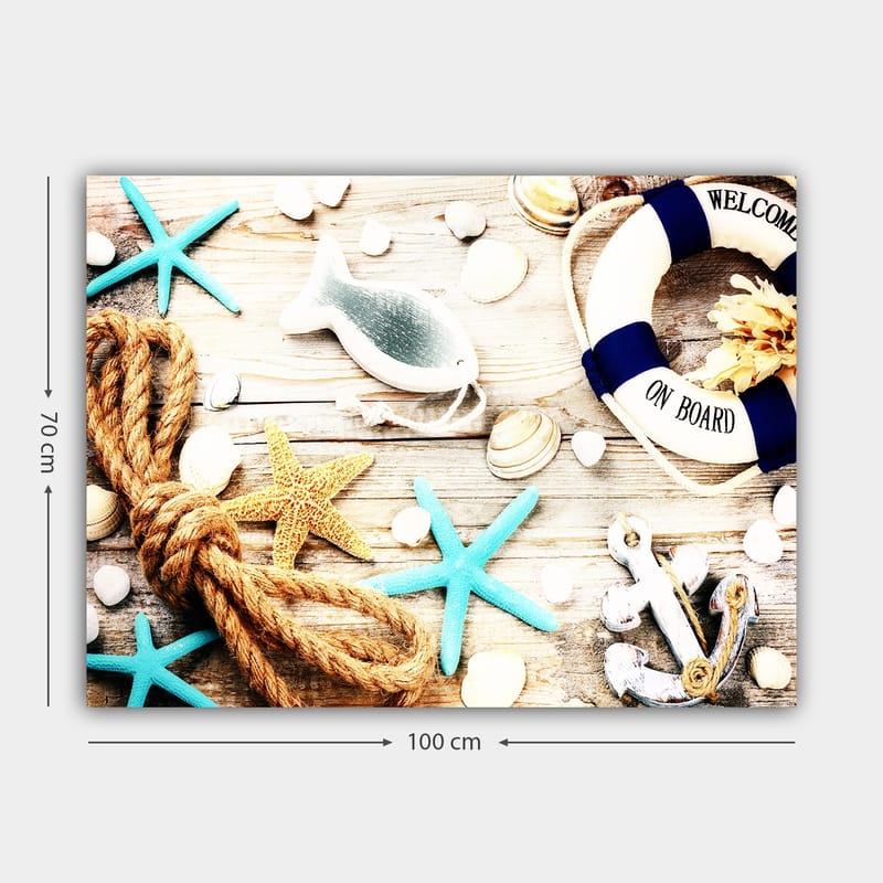 Canvastavla 70x100 cm - Maritim stillhet med sjöstjärnor, snäckor och en livboj som skapar en somrig känsla - Turkos / Beige / Gult - Inredning - Tavlor & konst - Canvastavlor