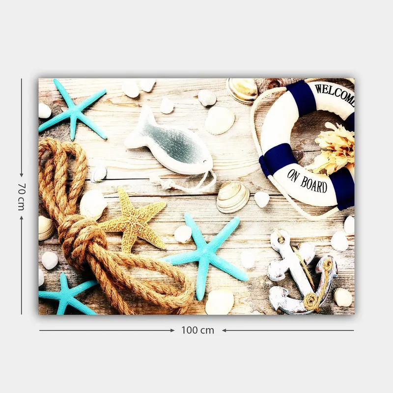 Canvastavla 70x100 cm - Maritim stillhet med sjöstjärnor, snäckor och en livboj som skapar en somrig känsla - Turkos / Beige / Gult - Inredning - Tavlor & konst - Canvastavlor