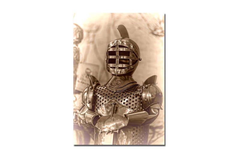Canvastavla 70x100 cm - Medeltida riddare i rustning med ett karakteristiskt hjälmdesign - Silver / Grå / Brunt - Inredning - Tavlor & konst - Canvastavlor