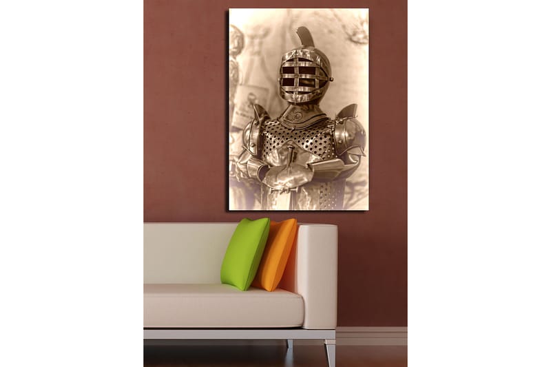 Canvastavla 70x100 cm - Medeltida riddare i rustning med ett karakteristiskt hjälmdesign - Silver / Grå / Brunt - Inredning - Tavlor & konst - Canvastavlor