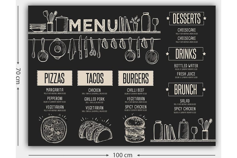 Canvastavla 70x100 cm - Meny med olika maträtter och drycker illustrerad i en stilren design - Svart / Beige - Inredning - Tavlor & konst - Canvastavlor