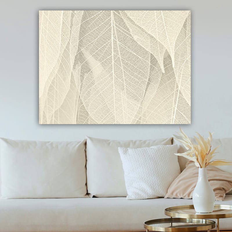 Canvastavla 70x100 cm - Mjuk och subtil komposition av genomskinliga löv som skapar en känsla av lugn och harmoni - Ljusbeige / Vit - Inredning - Tavlor & konst - Canvastavlor