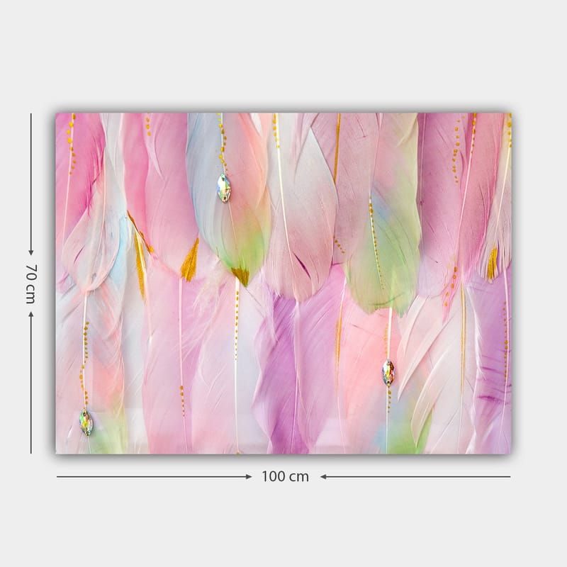 Canvastavla 70x100 cm - Mjuka fjädrar i pastellfärger som skapar en drömlik atmosfär - Ljusrosa / Mintgrön / Guld - Inredning - Tavlor & konst - Canvastavlor