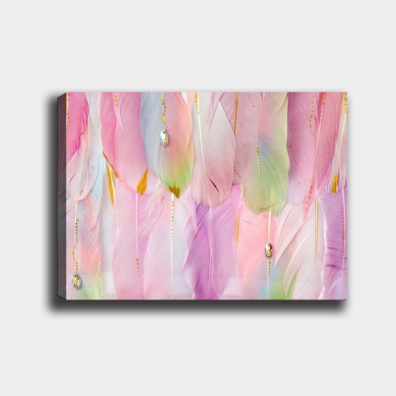 Canvastavla 70x100 cm - Mjuka fjädrar i pastellfärger som skapar en drömlik atmosfär, Ljusrosa / Mintgrön / Guld