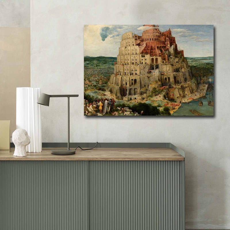 Canvastavla 70x100 cm - Monumental byggnad som representerar Babels torn, omgiven av landskap och människor - Röd / Beige / Grön - Inredning - Tavlor & konst - Canvastavlor