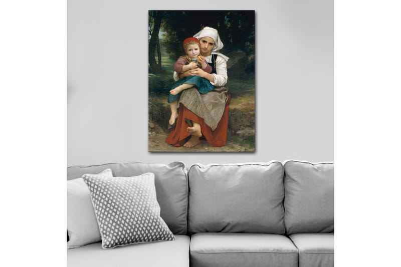 Canvastavla 70x100 cm - Mor som håller sitt barn i famnen, med en känsla av ömhet och närhet - Röd / Grön / Vit - Inredning - Tavlor & konst - Canvastavlor