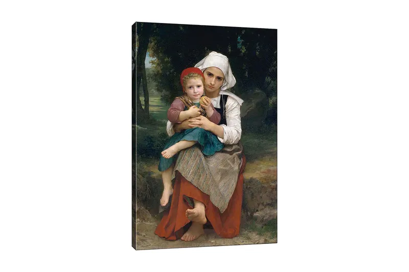 Canvastavla 70x100 cm - Mor som håller sitt barn i famnen, med en känsla av ömhet och närhet, Röd / Grön / Vit