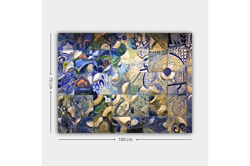 Canvastavla 70x100 cm - Mosaik av abstrakta former och mönster i blå och vita nyanser - Blå / Vit / Beige - Inredning - Tavlor & konst - Canvastavlor