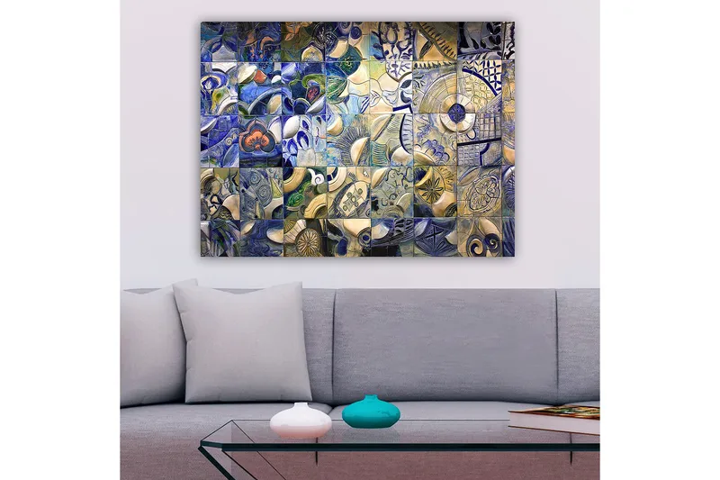 Canvastavla 70x100 cm - Mosaik av abstrakta former och mönster i blå och vita nyanser - Blå / Vit / Beige - Inredning - Tavlor & konst - Canvastavlor