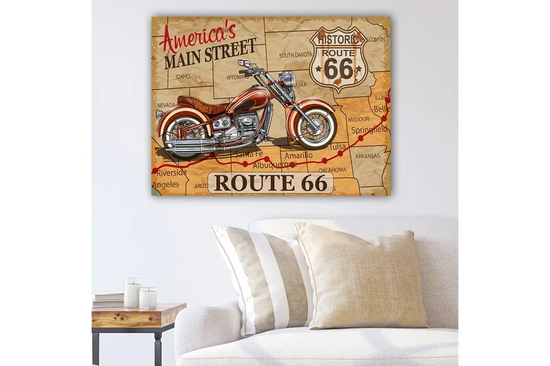 Canvastavla 70x100 cm - Motorcykel på en karta över Route 66 med vintage-inspirerad design, Röd / Brun / Grå