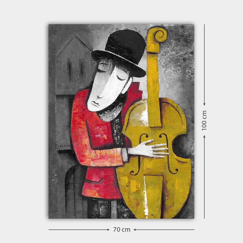 Canvastavla 70x100 cm - Musiker som omfamnar sin kontrabas i en stiliserad och färgglad komposition - Röd / Gul / Svart - Inredning - Tavlor & konst - Canvastavlor