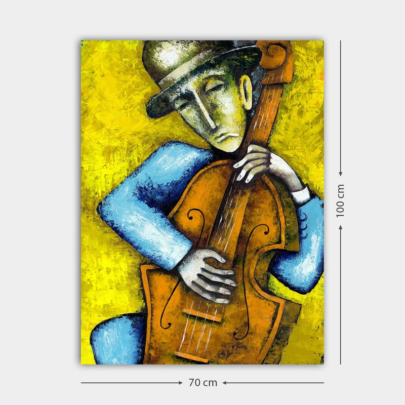 Canvastavla 70x100 cm - Musiker som spelar en kontrabas med en känslosam uttryck - Gult / Blått / Brunt - Inredning - Tavlor & konst - Canvastavlor